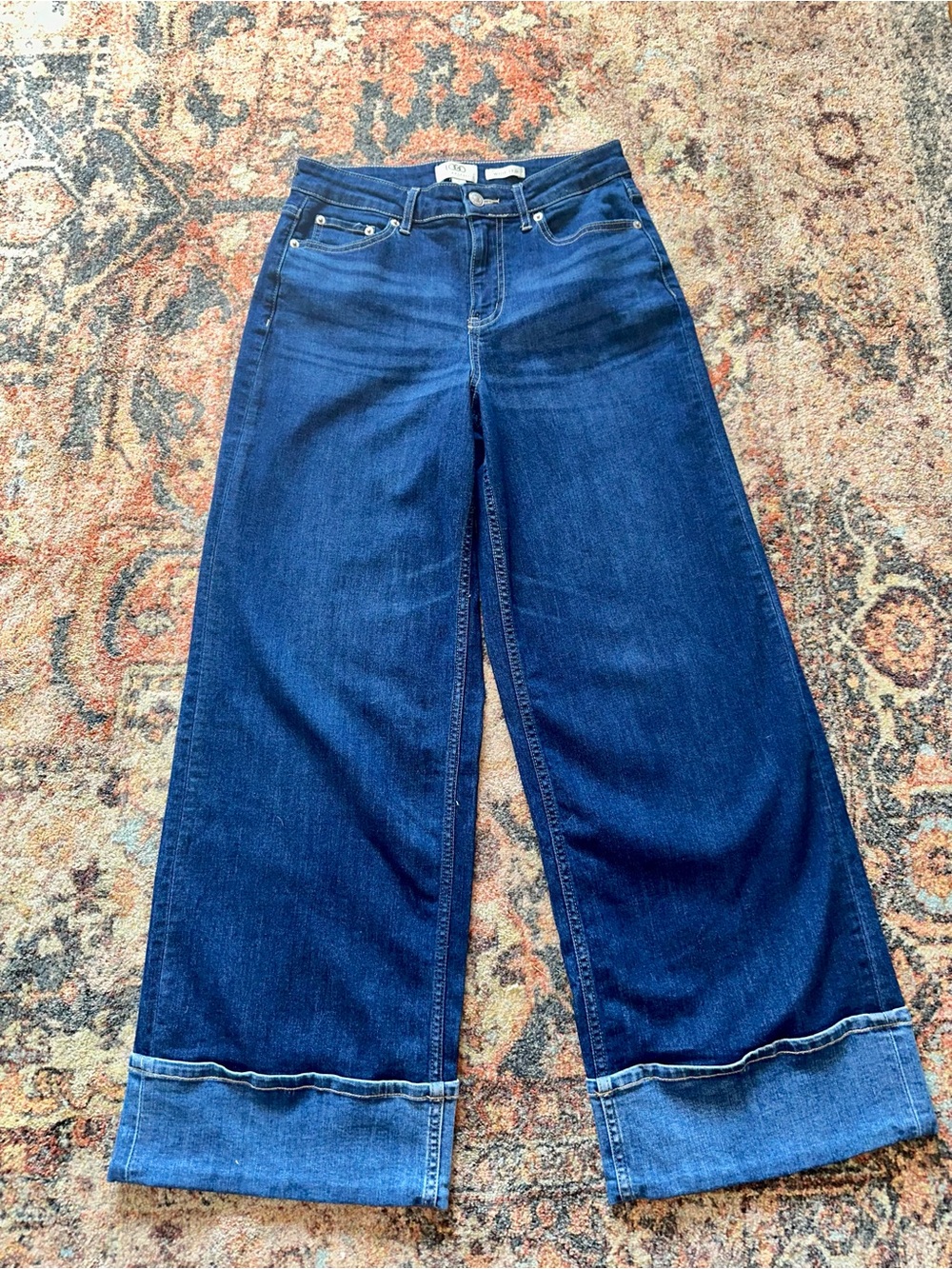 LOGO by Lori Goldstein Dark Blue Wide-Leg Cuffed Jeans